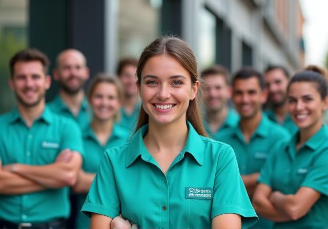 Equipo de SolBrisa Cleaners sonriendo frente a un edificio de oficinas en Madrid