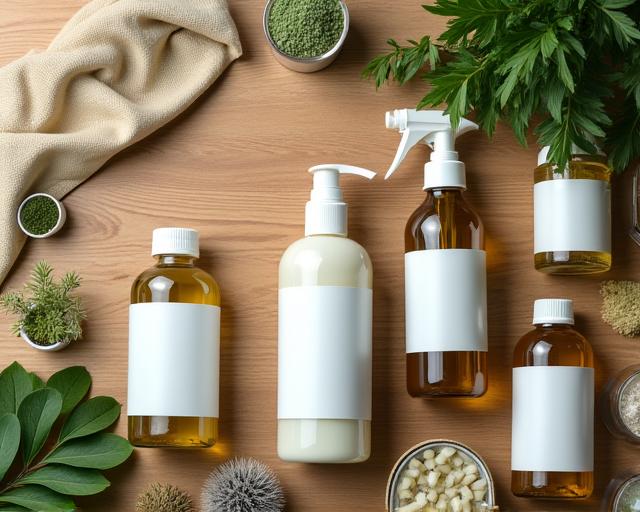 Productos de limpieza ecológicos y biodegradables sobre una superficie de madera